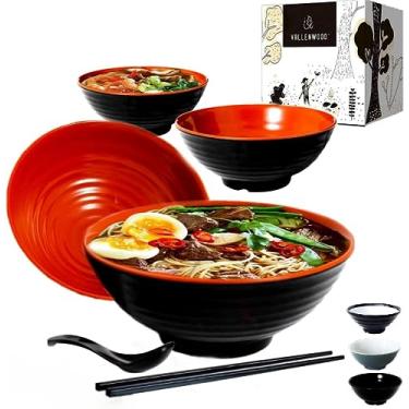 Imagem de 4 tigelas de ramen, conjunto de 12 peças de pho. Conjunto de tigelas de lámen preto vermelho. Melamina inquebrável. Sopa japonesa asiática. Kit de colheres e pauzinhos. XL 1,048 g. Macarrão, arroz,