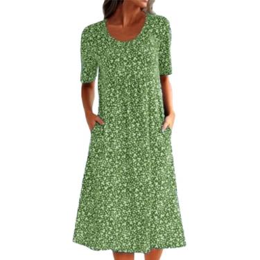 Imagem de Vestido de verão com bolso redondo floral manga solta vestido curto decote boho vestido feminino vestido de verão curto, Verde, M