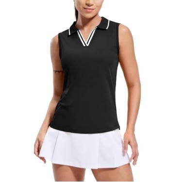 Imagem de MIER Camisa polo feminina de golfe sem mangas, gola seca, gola V, canelada, atlética, com absorção de umidade, Preto/branco, GG