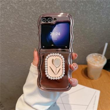 Imagem de Capa de telefone com suporte de tulipa pérola para Samsung Galaxy Z Flip 5 4 3 Zflip5 Z Flip3 Flip4 capa de borda de onda galvanizada, rosa, para Samsung Z Flip3