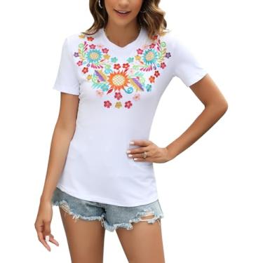 Imagem de Vackutliv Camisas mexicanas femininas bordadas blusa tradicional de verão túnica floral feminina gola redonda manga curta, Nº 692, branco, 3G