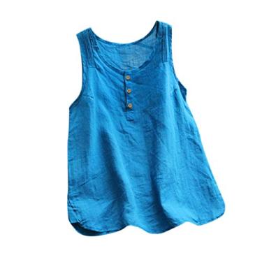 Imagem de Lainuyoah Camisetas femininas de verão 2024 modernas sensuais soltas camisetas regatas casuais de linho gola redonda sem mangas túnica de trabalho, A-azul,, P
