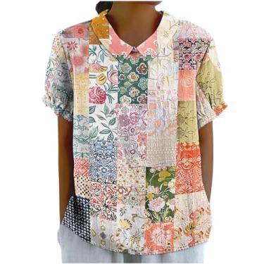 Imagem de Camisetas femininas de linho de algodão 2024 lapela manga curta blusas elegantes para trabalho casual confortável verão túnica tops, #13 - Preto, GG