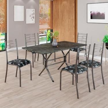Imagem de Conjunto Sala de Jantar Mesa Retangular 140x75cm Tampo Pedra Ardósia Indiana 6 Cadeiras Paraty Preto Floral/Mart Prata