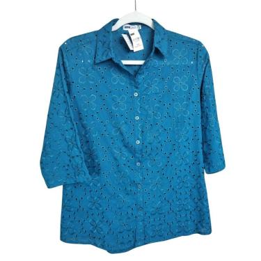 Imagem de Camisa Camisete Feminina Laise 100% Algodão Com Manga 3/4 Azul Plus Size Doce Brisa