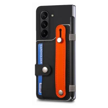 Imagem de Carteira de cartão de pulseira Capa de filme de aço frontal para Samsung Galaxy Z Fold 5 5G Suporte para caneta Bolsa Capa de suporte de vidro temperado, preta SEM caneta, para Samsung Z Fol