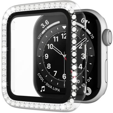 Imagem de D & K Exclusives Capa de strass compatível com Apple Watch 44 mm Series 6/SE 5 4 com protetor de tela de vidro temperado, capa protetora fina de policarbonato rígido de cristal brilhante para iWatch,