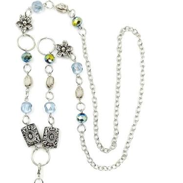 Imagem de Jesemiah Colar de flor turquesa com contas para crachá de identificação, miçangas com pingente de corrente em tom prateado, cordão feminino para professores, Flor de prata, tamanho �nico