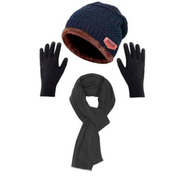 Imagem de Conjunto de 3 peças de gorro masculino de inverno, gorro quente com gorro (AZUL)