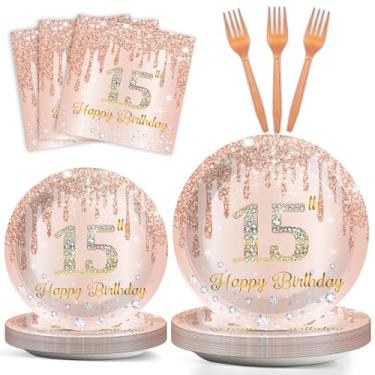 Imagem de Chunnin 96 peças, decorações de aniversário de 15 anos, pratos de papel rosa e ouro rosa, guardanapos, garfos, utensílios de mesa de 15 anos, descartáveis, ouro rosa, decoração de mesa, lembrancinhas