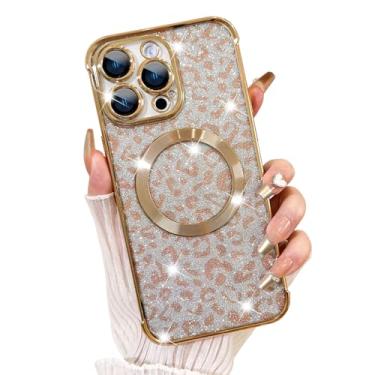 Imagem de Fiyart Capa projetada para iPhone 12 Pro Max, compatível com MagSafe Cheetah Print Plating Capa de telefone transparente, estampa de leopardo com glitter magnético para mulheres e meninas, capa de