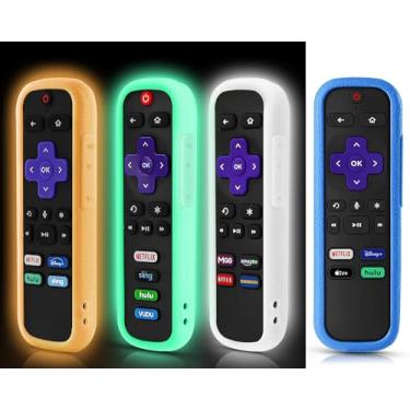 Imagem de Pacote com 4 capas remotas para Roku, capa para Hisense/TCL Roku TV Steaming Stick/Express Controle universal de substituição de silicone manga de silicone que brilha no escuro laranja branco verde claro azul com cordões