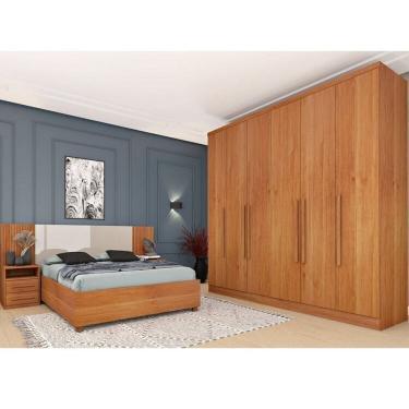 Imagem de Quarto Casal Completo Roupeiro Veneza 4 Gavetas Painel Ripado com Mesa de Cabeira 2 Gavetas Cinamomo