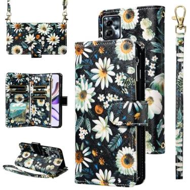 Imagem de Furill Capa carteira para Motorola Moto G53 5G/G13/G23 com alça de pulso removível alça de ombro transversal flor couro zíper bolsa protetora para cartão capa de telefone G 13 23 4G 53G 53 meninas