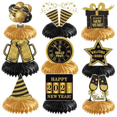 Imagem de 9 peças de decoração de ano novo 2025 centros de mesa de centro de favo de mel, pacote com 9 enfeites de mesa com tema de feliz ano novo, glitter dourado preto