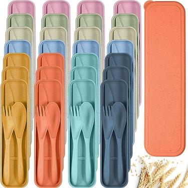 Imagem de Yahenda 28 Sets Reusable Travel Utensils Set with Case Wheat Straw Cutlery Portable Spoon Knife Fork Tableware Set Lunch Box Bulk for Operation Christmas Adults Kids Travel Picnic (Multicolor)