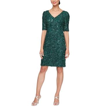 Imagem de Alex Evenings Vestido feminino curto na altura do joelho bordado floral para coquetel, convidada de casamento, vestido de festa, Manga esmeralda, 42
