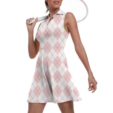 Imagem de Vestido feminino de duas peças para golfe FPS 50+ esportivo esportivo esportivo com bolso e shorts separados, 16 quadriculado rosa, 3G