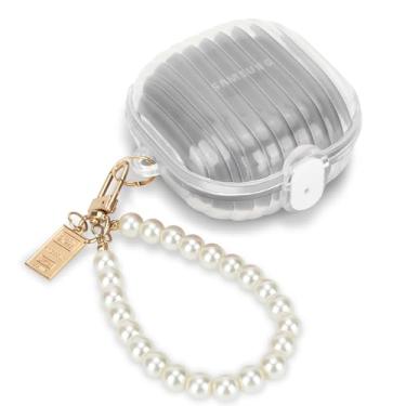 Imagem de CameCosy Capa para Samsung Galaxy Buds 2/Buds 2 Pro/Buds Live/Buds FE, capa protetora de TPU macio com design de bloqueio seguro automático com pulseira de pérola, chaveiro para mulheres, branco