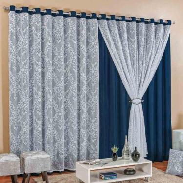 Imagem de Cortina Capri para Sala Marinho com Renda Varão Simples 3 Metros - Bor