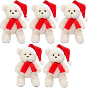 Imagem de Kit 5 Ursinho de Pelúcia de Natal 25cm Decoração Papai Noel cor Baunil