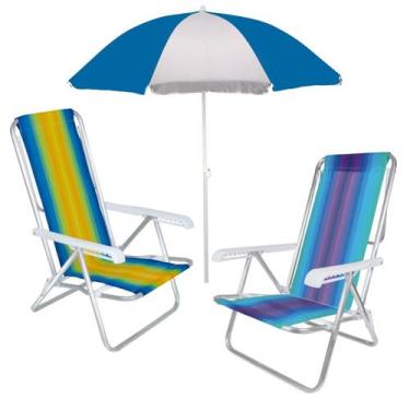 Imagem de Kit Praia Guarda Sol 1,80m Aço 2 Cadeira Reclinável 8 Posições Alumíni