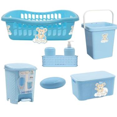 Imagem de Kit 6 peças Quarto Bebê kit Higiene Cesto Organizador Caixa Rattan Lix
