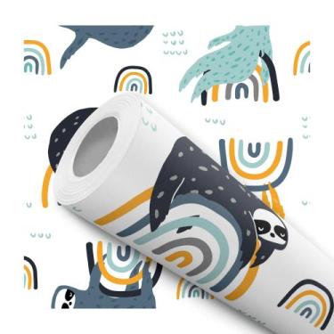 Imagem de Papel de Parede Adesivo Bicho Preguiça Arco íris Colorido Azul Amarelo