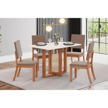 Imagem de Conjunto: Mesa Sala Jantar Natalí c/ Tampo Madeirado Reto s/ Vidro 120x80cm e 4 Cadeiras Milla Nature/Off White - Suede Marrom - Henn