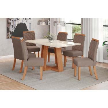 Imagem de Conjunto: Mesa de Cozinha Lins c/ Tampo Madeirado c/ Vidro 160x90cm e 6 Cadeiras Bella Nature/Suede Light Marrom Amendoa - Henn