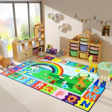 Imagem de DETUM Tapete de sala de jogos infantil 15 x 23 cm ABC para crianças aprendendo, números, cor e alfabeto, animais para sala de aula, primário, macio e antiderrapante para berçário de crianças de hoje,