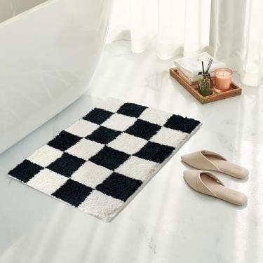 Imagem de Tititex Tapete de banheiro de luxo preto bege quadriculado, 40,64 cm x 60,96 cm clássico tabuleiro de xadrez extra macio e absorvente, tapete de banho felpudo antiderrapante para chão de banheiro