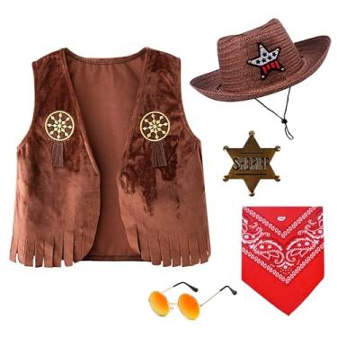 Imagem de ZZIHAN Colete infantil de cowboy para meninos, acessórios de cowboy, chapéu, bandanas, óculos de sol, emblemas de xerife de metal, vestido para crianças, meninos, meninas, festa de aniversário,