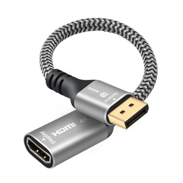 Imagem de Adaptador DisplayPort para HDMI 4K@60Hz, conector conversor de cabo trançado unidirecional DP DisplayPort macho (fonte) para HDMI fêmea (tela) para PC, Dell, HP, AMD, monitor HDTV de laptop NVIDIA