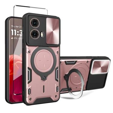 Imagem de WRTBS Capa de celular para Motorola Moto G85 5G com protetor de tela de vidro, capa de proteção para câmera deslizante embutida, capa protetora de corpo inteiro militar resistente - ouro rosa