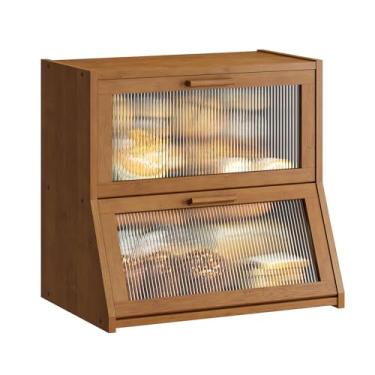 Imagem de GHWIE Caixa de pão de bambu de camada dupla para balcão de cozinha, caixa de armazenamento de pão de grande capacidade, recipiente para pão com painel de porta ondulado de acrílico (marrom, extra