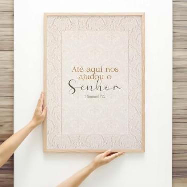 Imagem de Quadro Decorativo Cristão Gospel; Até Aqui o Senhor Nos Ajudou 1 Samuel 7:12 - Quadros bíblicos; Versículos Bíblicos; Quadro com Mensagem Motivacional; Quadro para Sala de estar; (Bege, 40x30, Emoldurado)