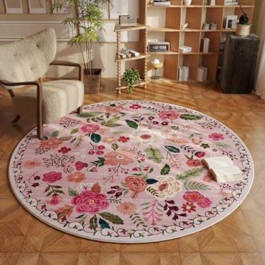 Imagem de Tapete redondo Rugcomf 180 cm, lavável, tapete antiderrapante de felpa baixa, floral boêmio, pequeno, para quarto, banheiro, entrada, quarto de crianças, escritório, dormitório universitário (rosa)