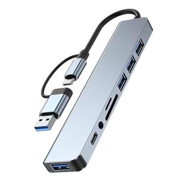Imagem de Hub multiportas USB tipo C com leitor de cartão, divisor USB 3.0/2.0, leitor de cartão SD/TF para telefone e adaptador de PC 8 em 1