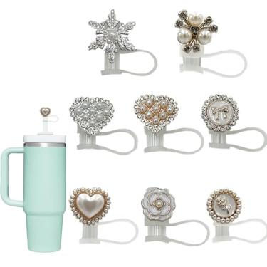 Imagem de AINEEDY 8 peças de capas de canudo brilhantes para copos Stanley Tumbler (30 e 1,134 g) – Toppers de palha de silicone de 1 cm, pontas protetoras fofas e elegantes para canudos, acessórios divertidos