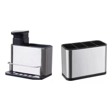 Imagem de Kit Dispensador de Sabão Porta Detergente + Organizador de Louças Inox 4 Divisórias – Praticidade e Organização para Sua Cozinha