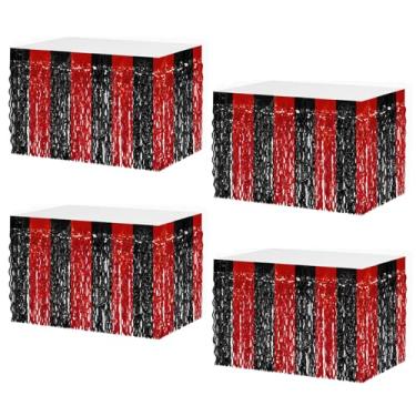 Imagem de MZJU Saias de mesa 4P onduladas metálicas com franjas para mesas retangulares, cortinas de guirlanda, para desfile, boias, casamentos, festas de aniversário, Halloween, Natal (preto vermelho)