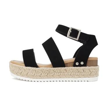 Imagem de Soda Top Shoe Bryce bico aberto fivela tira no tornozelo alpargatas flatform Wedge Casual Sanda, Preto, 40