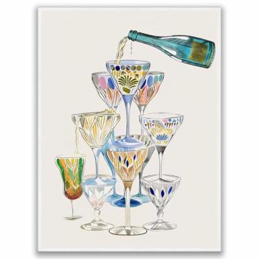 Imagem de Arte de parede retrô Cheers Bar Cart – carrinho de bar de dopamina aquarela moderno pôster de champanhe para cozinha e decoração de bar de casa estampa vintage de coquetel para sala de jantar ou