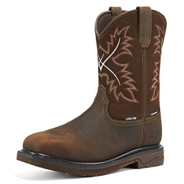 Imagem de NINGO Botas De Trabalho Masculinas Com Biqueira De Aço, Botas De Cowboy Com Biqueira Quadrada À Prova D'Água Para Homens, Botas De Segurança Masculinas Sem Cadarço Com Couro De Flor Integral, Antide