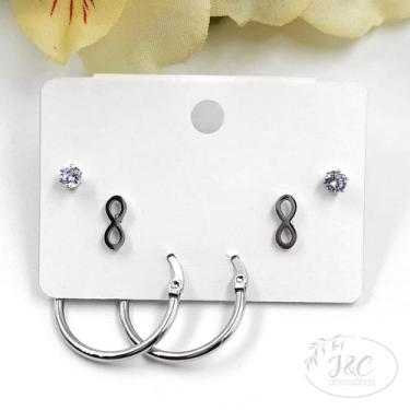 Imagem de Trio de Brincos Argola Infinito e Zircônia em Aço Inoxidável Hipoalerg