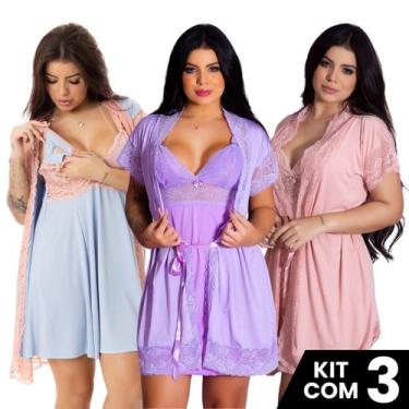 Imagem de Kit 3 Robes Roupão e 3 Camisolas Amamentação Pós Parto Liso Com Renda 