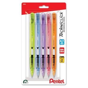 Imagem de Pentel Lapiseira Techniclick de 0,7 mm – Pacote com 5, Lápis de Escrita Suave para Estudantes e Profissionais, Linha Média, Avanço de Grafite de Clique Lateral, Cores Pastel sortidas (PD107TBP5M)