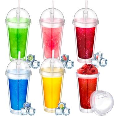 Imagem de Skylety Conjunto de 6 copos de plástico transparente de 473 ml com canudos e tampas de parede dupla para freezer copos de acrílico reutilizáveis com tampas de cúpula para pudim de smoothie, cupcake,
