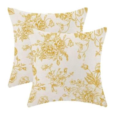 Imagem de Conjunto de 2 capas de almofada floral amarela primavera 45,7 x 45,7 cm, chinoiserie flores amarelas, capa de almofada decorativa vintage floral para área externa para sofá, sala de estar, decoração